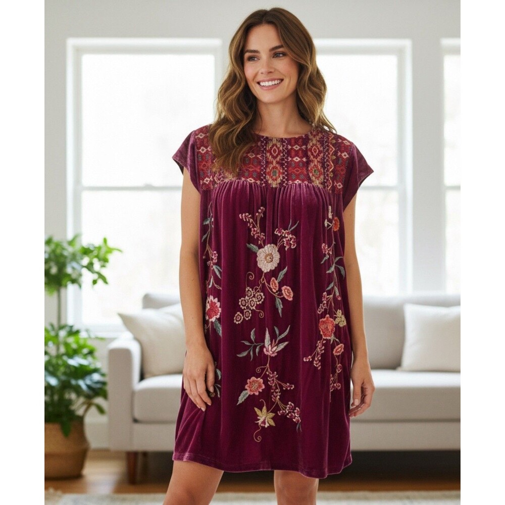 $340 Johnny Was Suki Petal Sleeve Tunic Dress Purple Velvet Mini Boho Chic XS